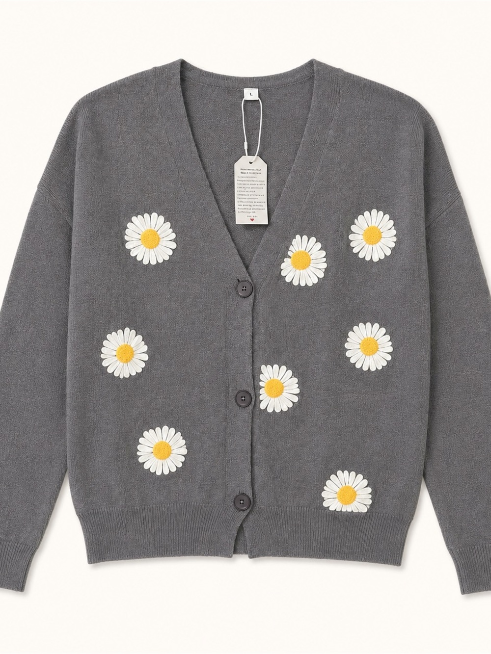Grey Daisy Embroidered V-Neck Cardigan Sweater